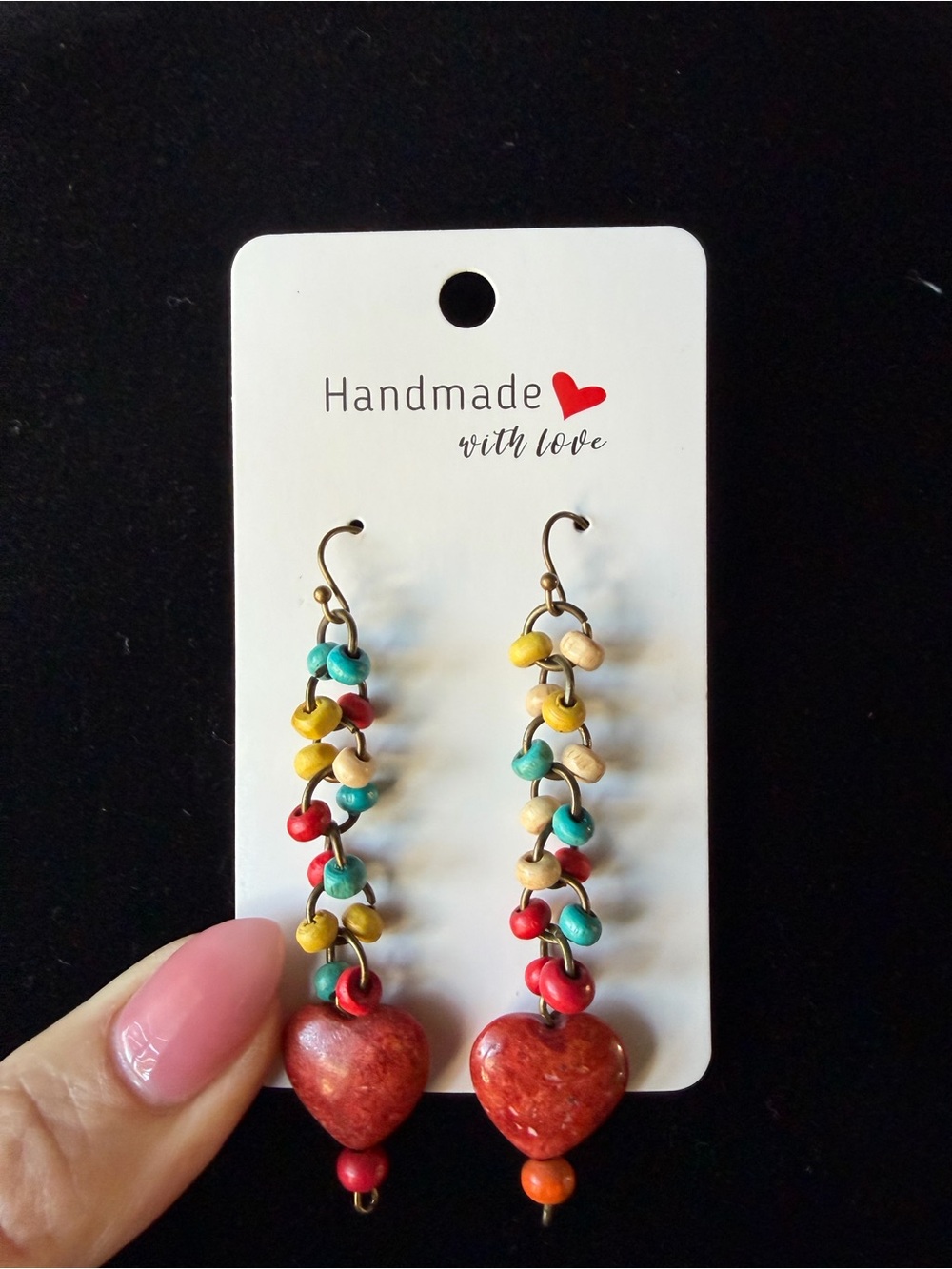 Handmade Multicolor Bead & Red Heart Drop Earrings
